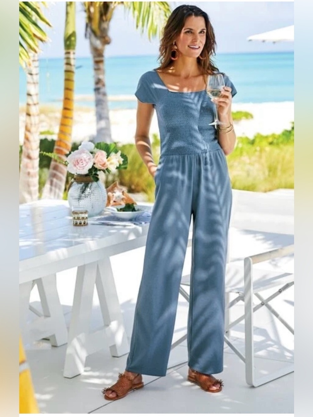 Soft Surroundings Dusty Blue Smocked Frida Cap Sleeve Wide Leg Jumpsuit Size M